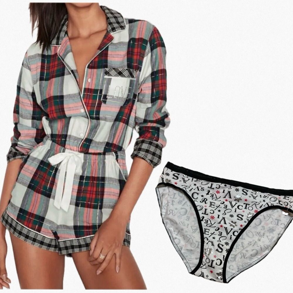 Victoria's Secret Plaid Flannel Romper M Rhinestone Tartan Pajama Panty Set NWT